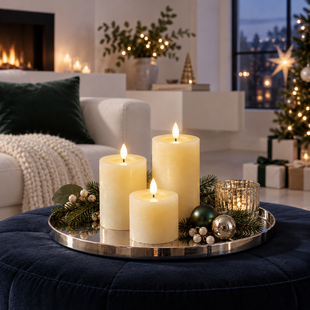 AUREEN Weihnachtsinspiration – Three LED candles on silver tray on navy upholstered ottoman, white modern room, evening light