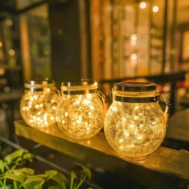 SolarLoom™ Solarleuchte Laterne aus Crackle-Glas mit Juteseil