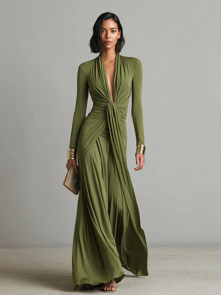 Long Olive Green Dress in Elastic Silk with Deep V-Neck and Gathered Details, Glamorous Maxi Dress