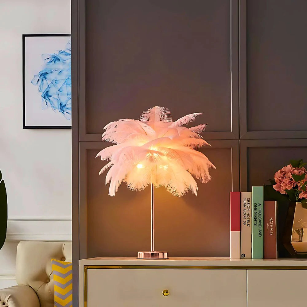 Tischlampe Federpalme mit Straußenfedern und Fernbedienung