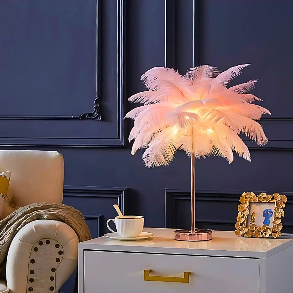 Tischlampe Federpalme mit Straußenfedern und Fernbedienung