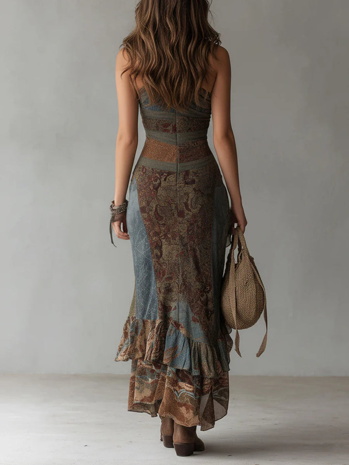 Elena ∙ One Shoulder Asymmetrical Long Dress with Ethnic Print and High Slit