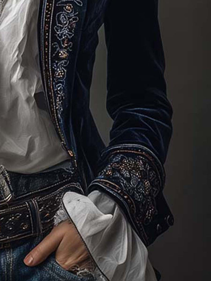 Federica | Long vintage navy blue velvet jacket with embroidery