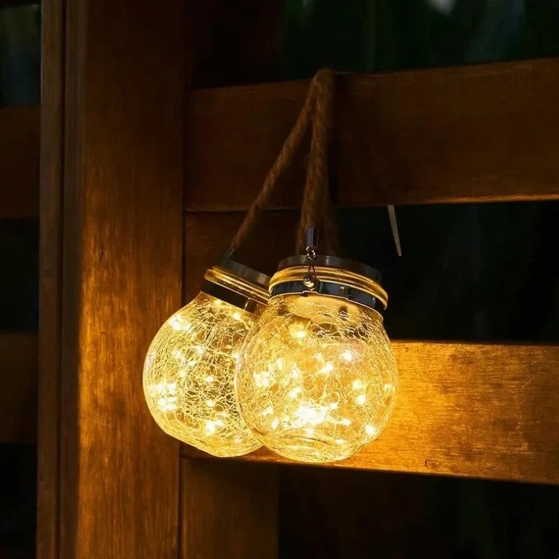 SolarLoom™ Solarleuchte Laterne aus Crackle-Glas mit Juteseil