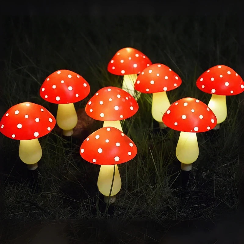 Solarbetriebene Pilz-Gartenleuchten mit Dämmerungssensor, rot oder weiß