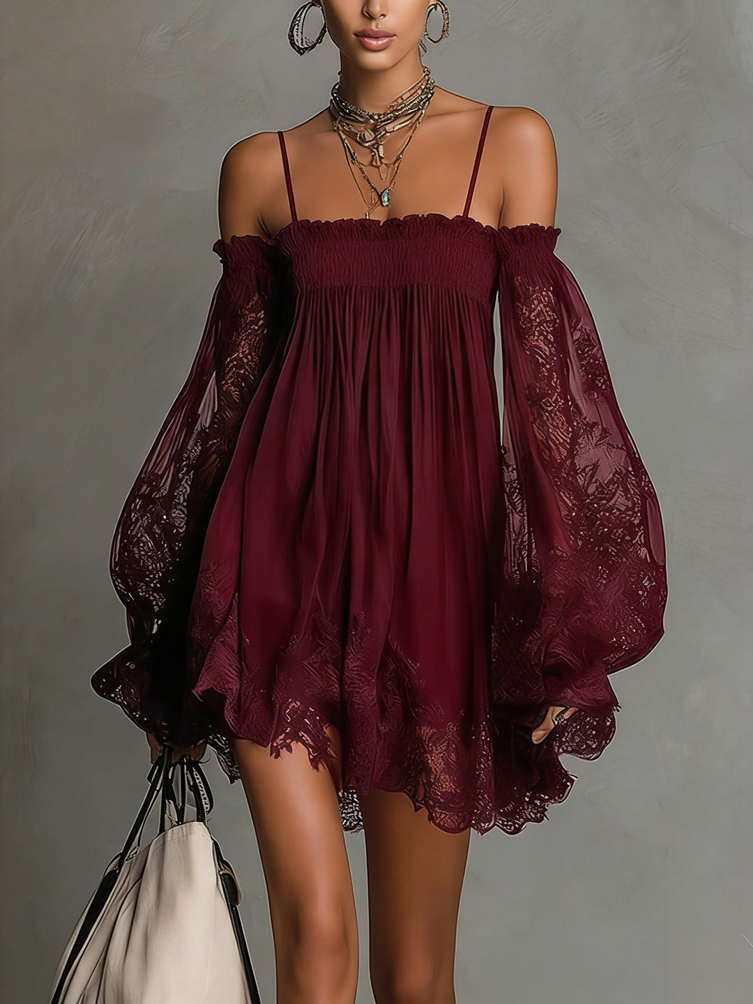 Noemi - Navy blue chiffon mini dress with off-the-shoulder neckline, lace edge and sheer sleeves