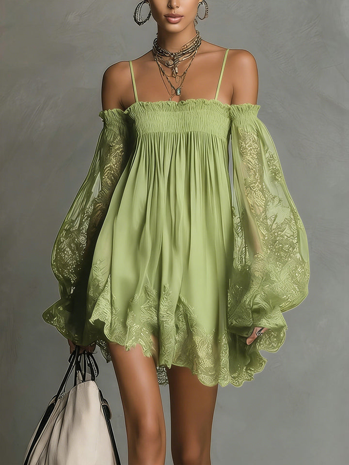 Noemi - Navy blue chiffon mini dress with off-the-shoulder neckline, lace edge and sheer sleeves