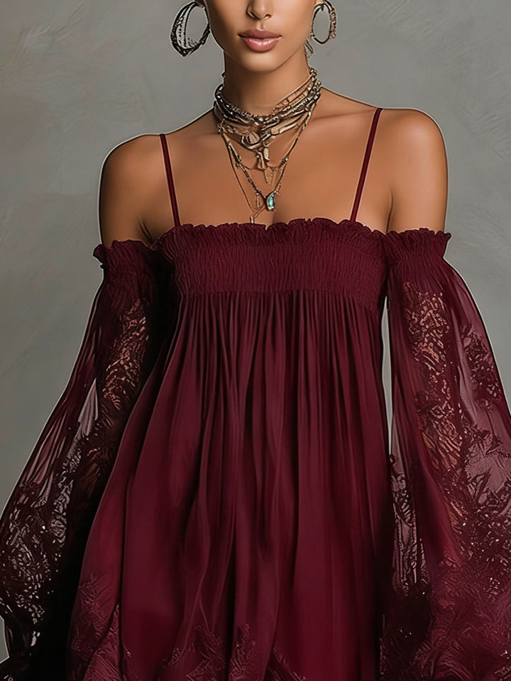 Noemi - Navy blue chiffon mini dress with off-the-shoulder neckline, lace edge and sheer sleeves