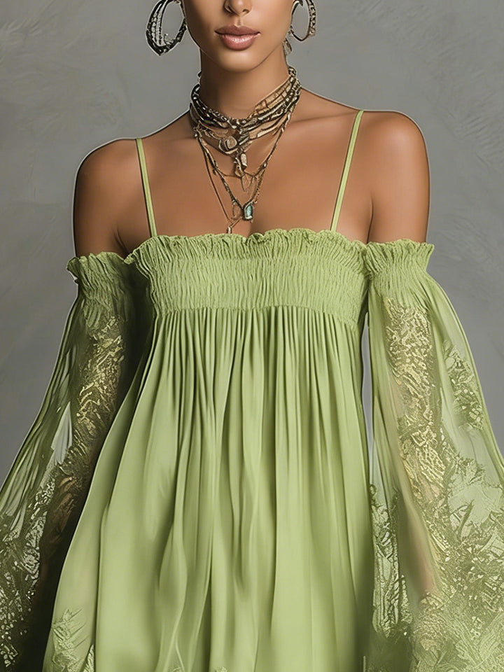 Noemi - Navy blue chiffon mini dress with off-the-shoulder neckline, lace edge and sheer sleeves