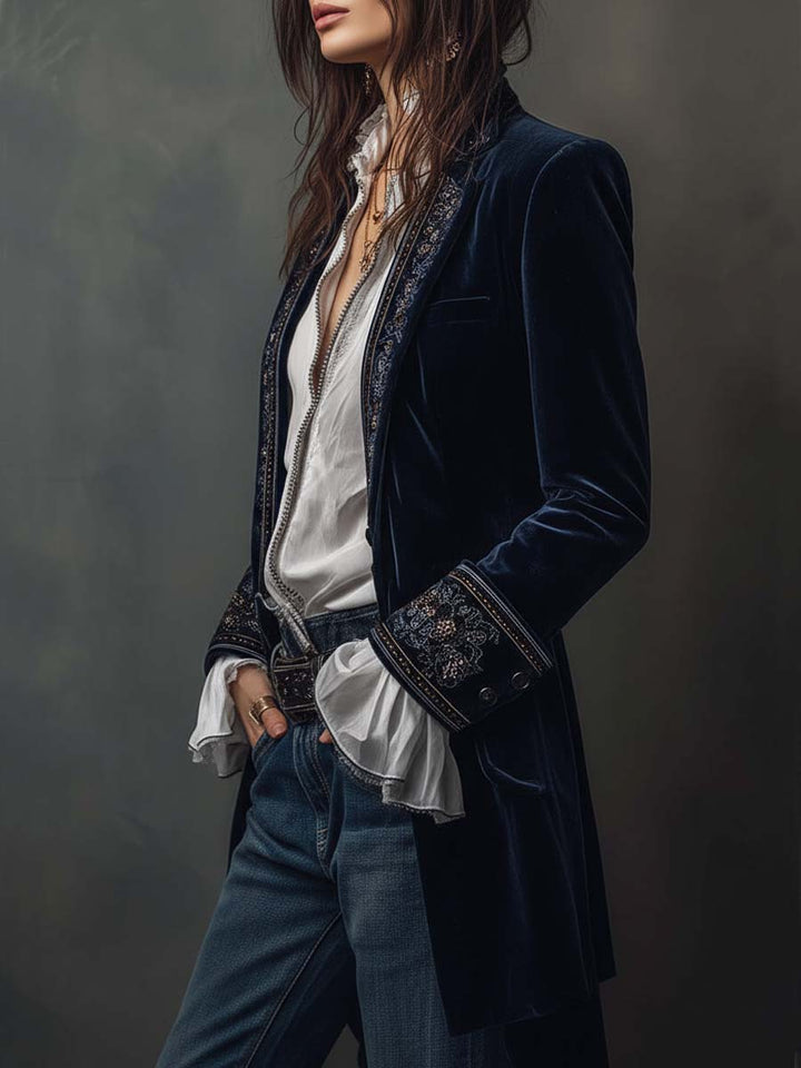 Federica | Long vintage navy blue velvet jacket with embroidery