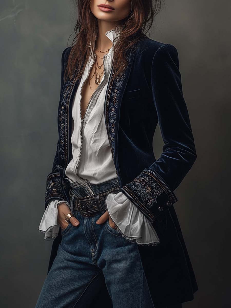 Federica | Long vintage navy blue velvet jacket with embroidery