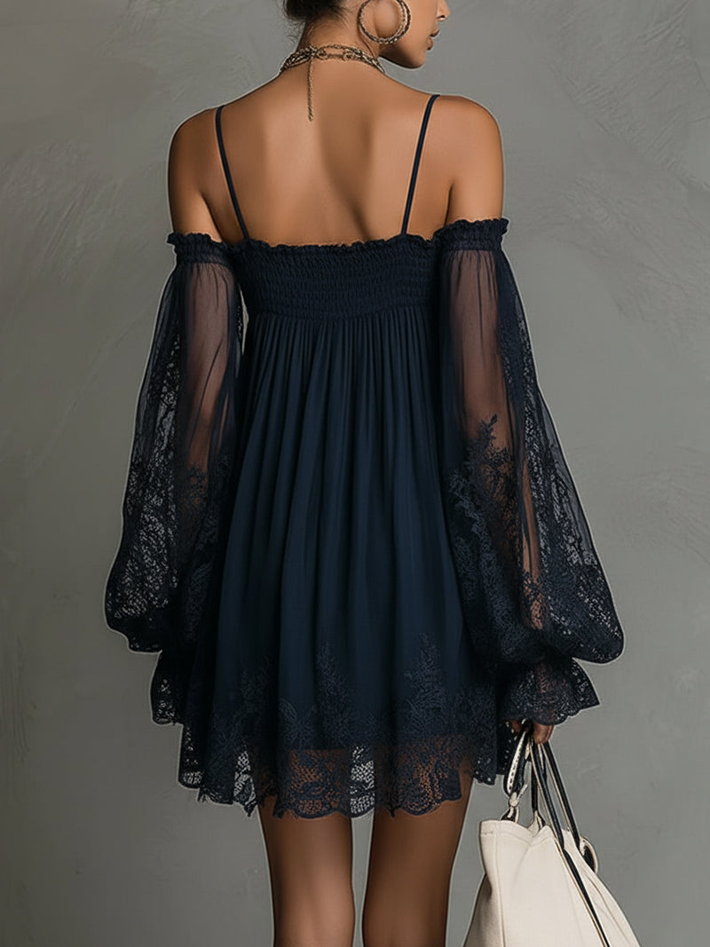 Noemi - Navy blue chiffon mini dress with off-the-shoulder neckline, lace edge and sheer sleeves