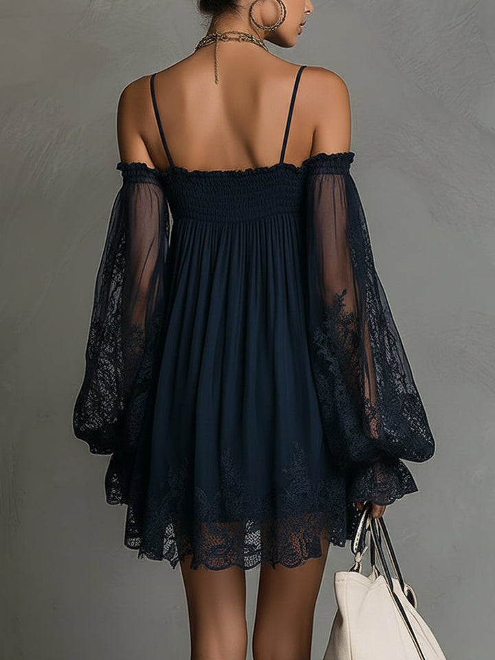Noemi - Navy blue chiffon mini dress with off-the-shoulder neckline, lace edge and sheer sleeves