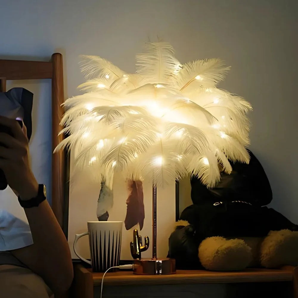 Tischlampe Federpalme mit Straußenfedern und Fernbedienung