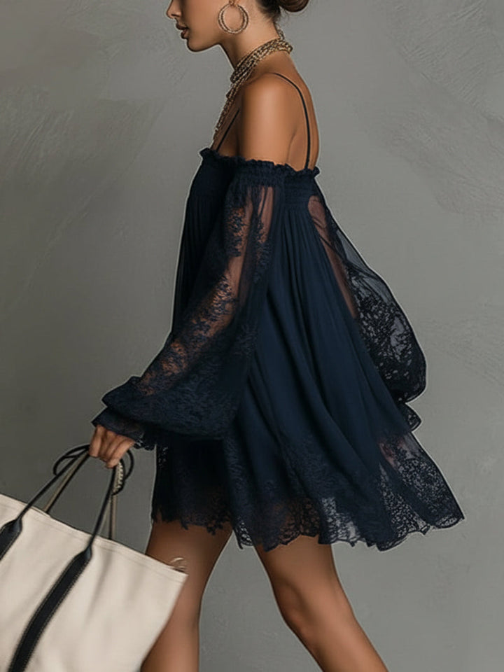 Noemi - Navy blue chiffon mini dress with off-the-shoulder neckline, lace edge and sheer sleeves