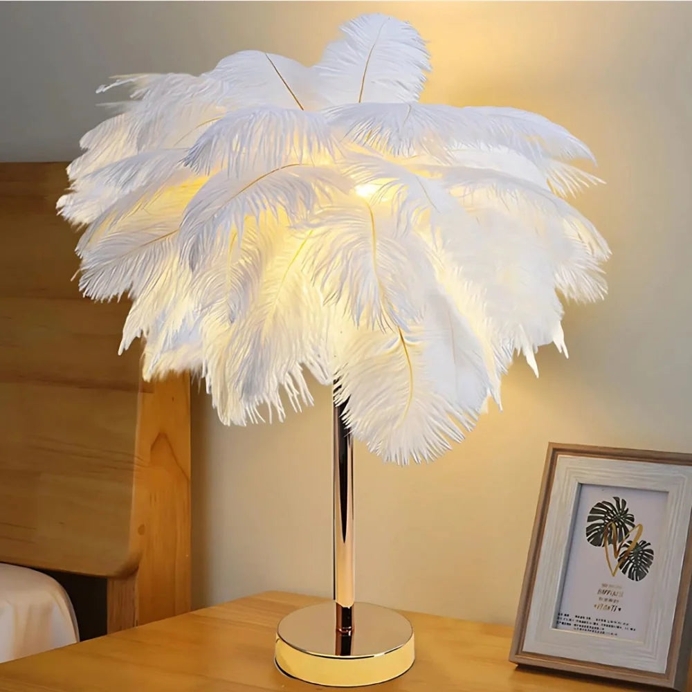 Tischlampe Federpalme mit Straußenfedern und Fernbedienung