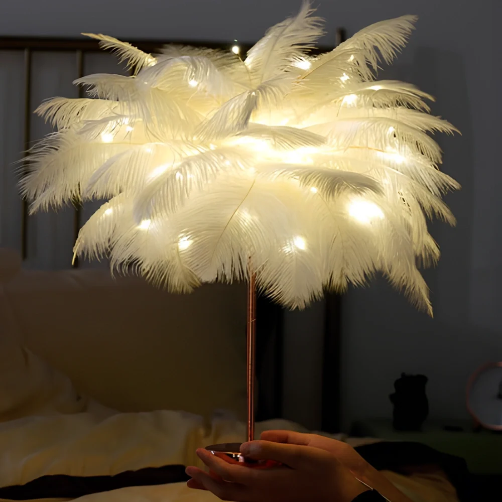 Tischlampe Federpalme mit Straußenfedern und Fernbedienung