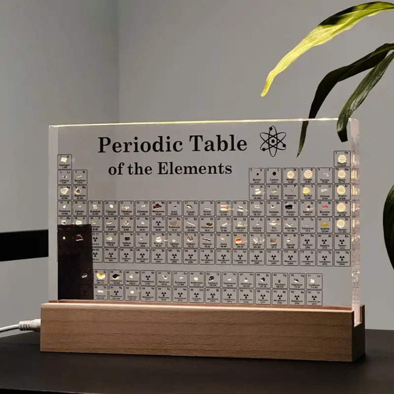 Periodensystem mit 83 echten Elementproben in Acryl und Holzbeleuchtung