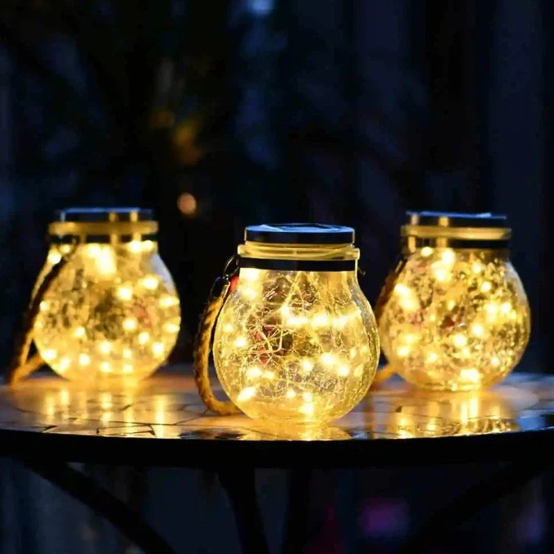 SolarLoom™ Solarleuchte Laterne aus Crackle-Glas mit Juteseil