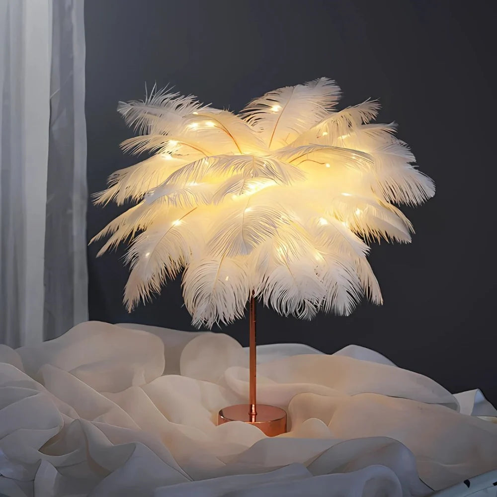 Tischlampe Federpalme mit Straußenfedern und Fernbedienung