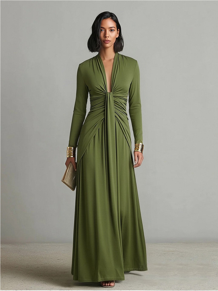 Long Olive Green Dress in Elastic Silk with Deep V-Neck and Gathered Details, Glamorous Maxi Dress