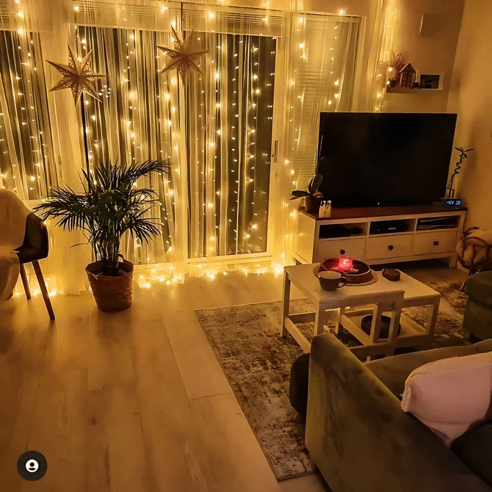 Feenvorhang mit warmweißen LED-Lichtern und 8 Beleuchtungsmodi