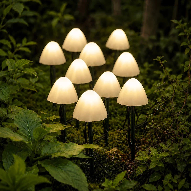 Solarbetriebene Pilz-Gartenleuchten mit Dämmerungssensor, rot oder weiß