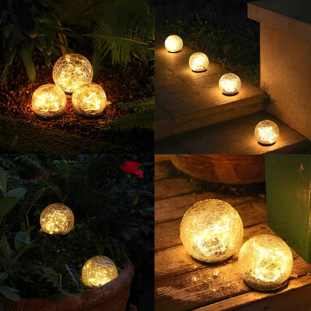 Solarbetriebene Gartenkugel mit warmweißem Licht und Rissmuster