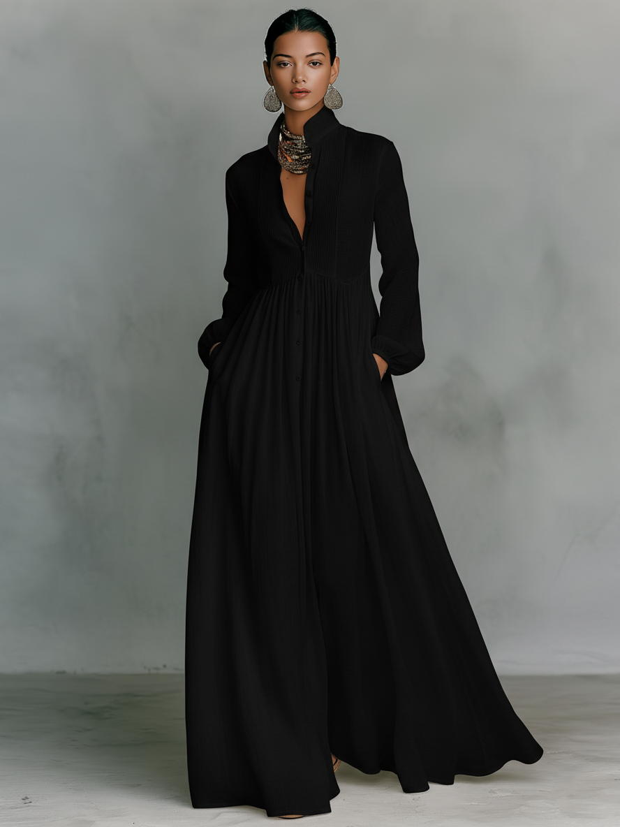 Minimalist Maxi Dress in Cotton and Linen with Patchwork, Stand-up Collar and Long Sleeves