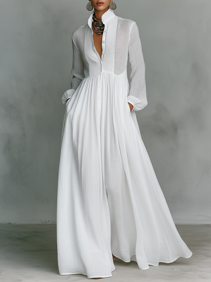 Minimalist Maxi Dress in Cotton and Linen with Patchwork, Stand-up Collar and Long Sleeves
