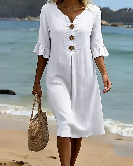 Camille | Elegant Buttoned Linen And Cotton Dress
