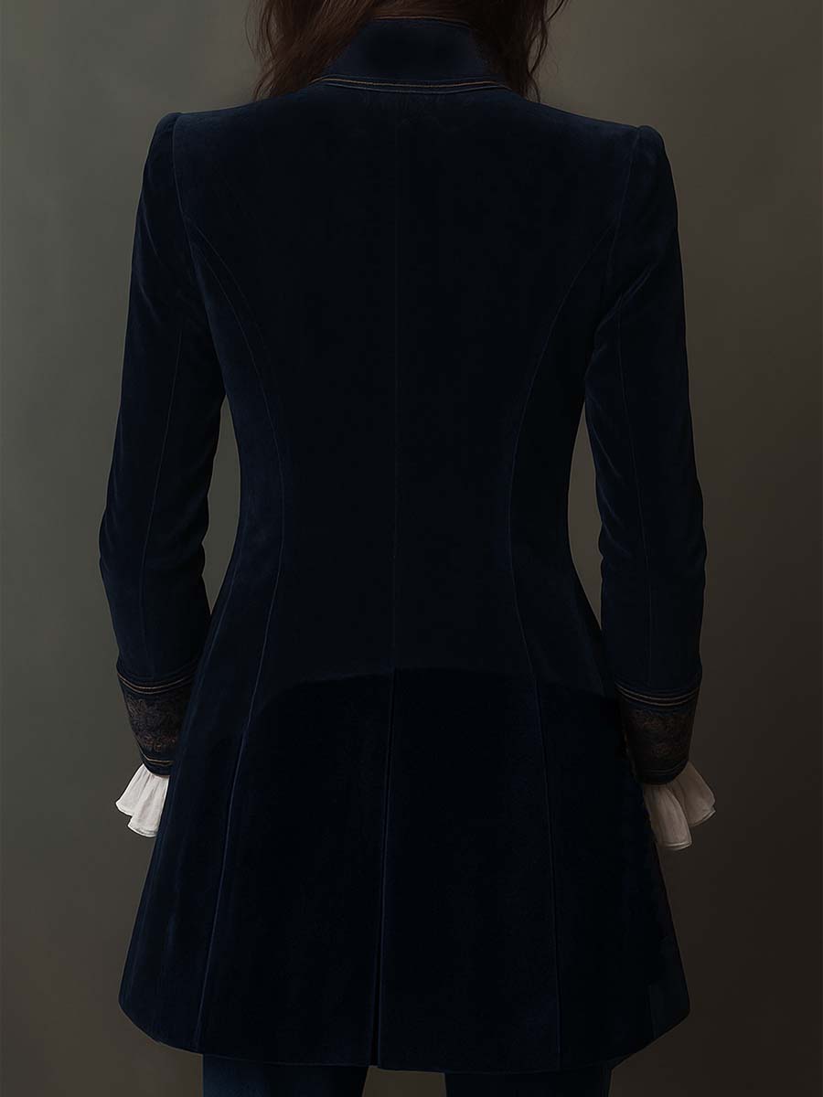 Federica | Long vintage navy blue velvet jacket with embroidery