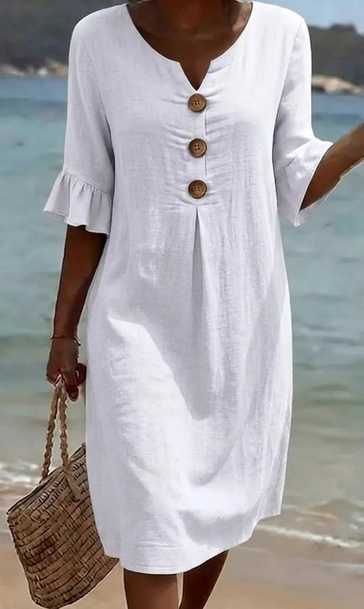 Camille | Elegant Buttoned Linen And Cotton Dress