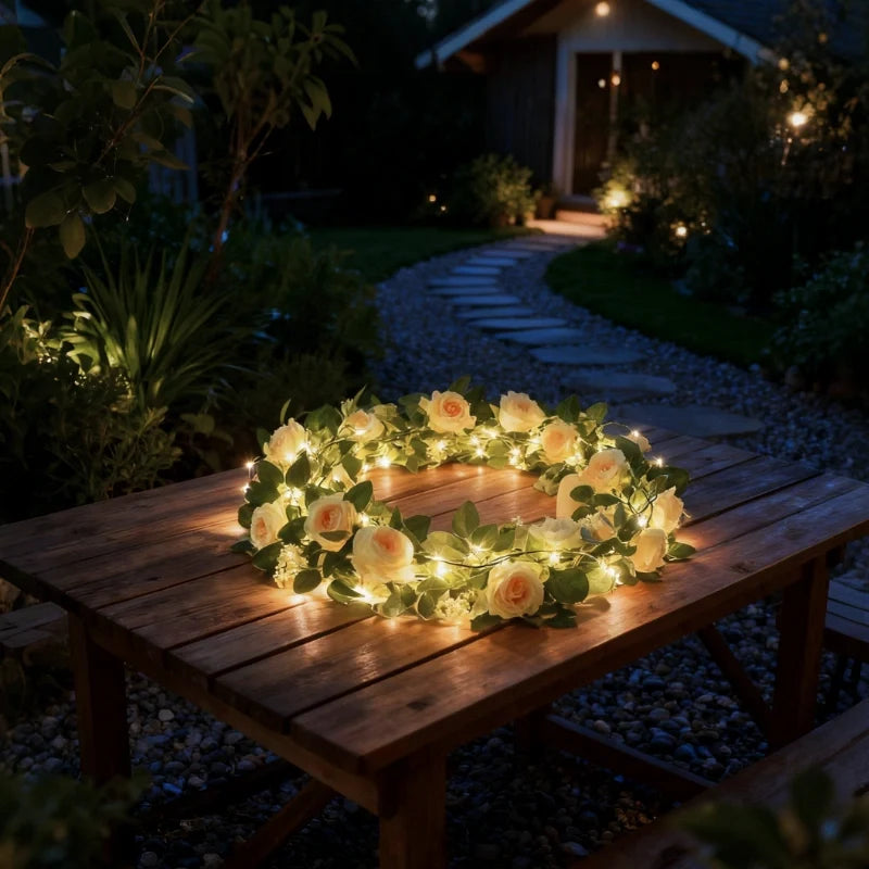 Botanische Lichterkette mit Blättern und Blüten, warmweiß
