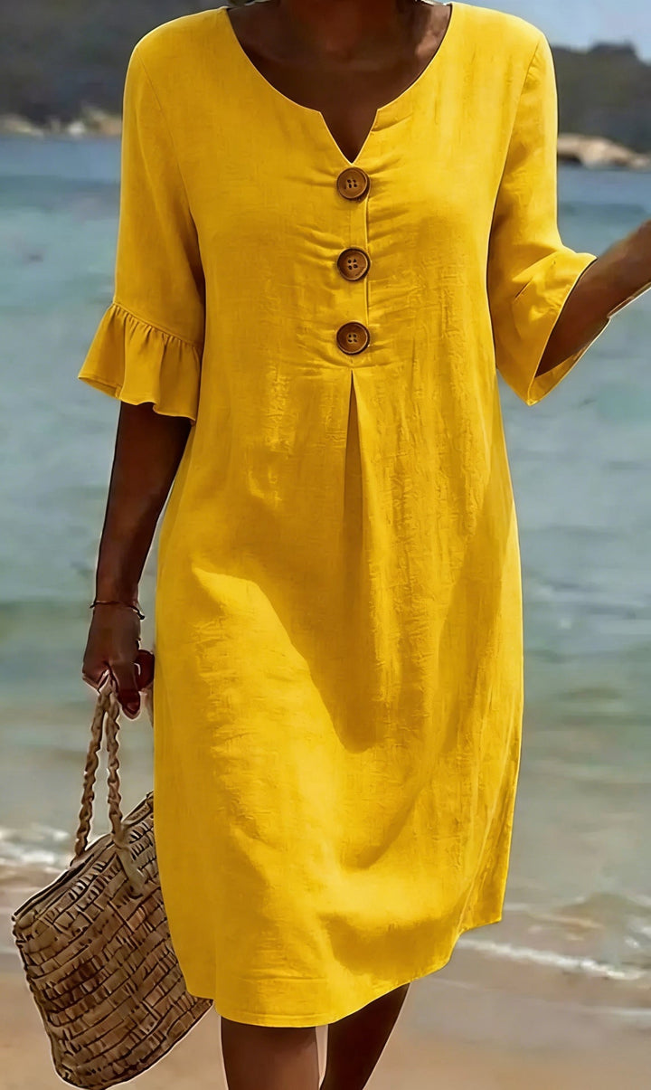 Camille | Elegant Buttoned Linen And Cotton Dress