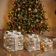 LED Deko-Geschenkboxen mit Dekoschnee im 3er-Set