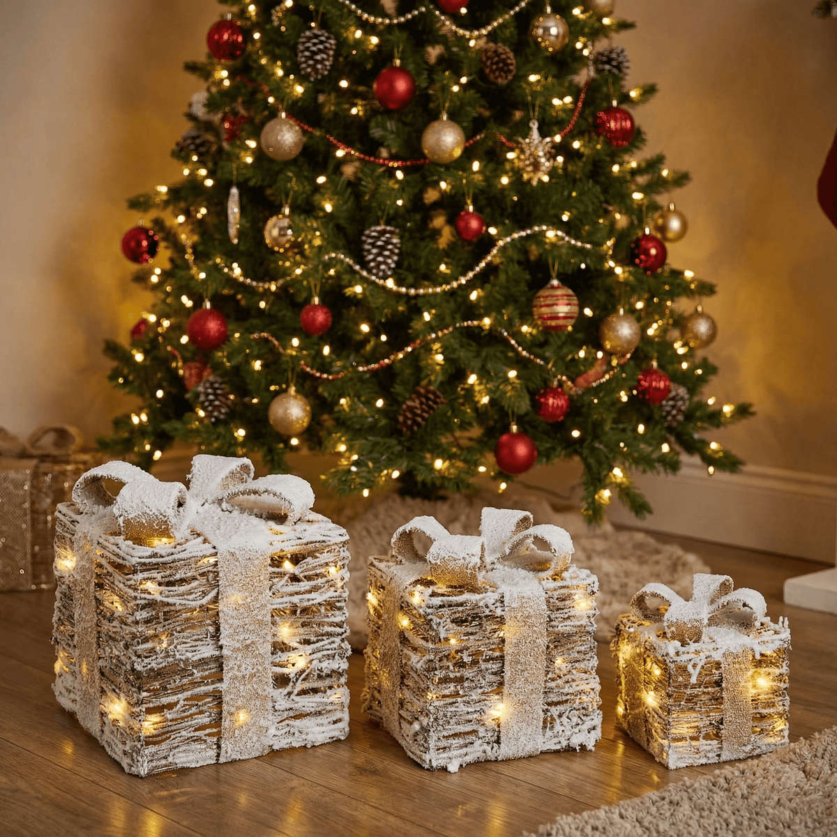 LED Deko-Geschenkboxen mit Dekoschnee im 3er-Set