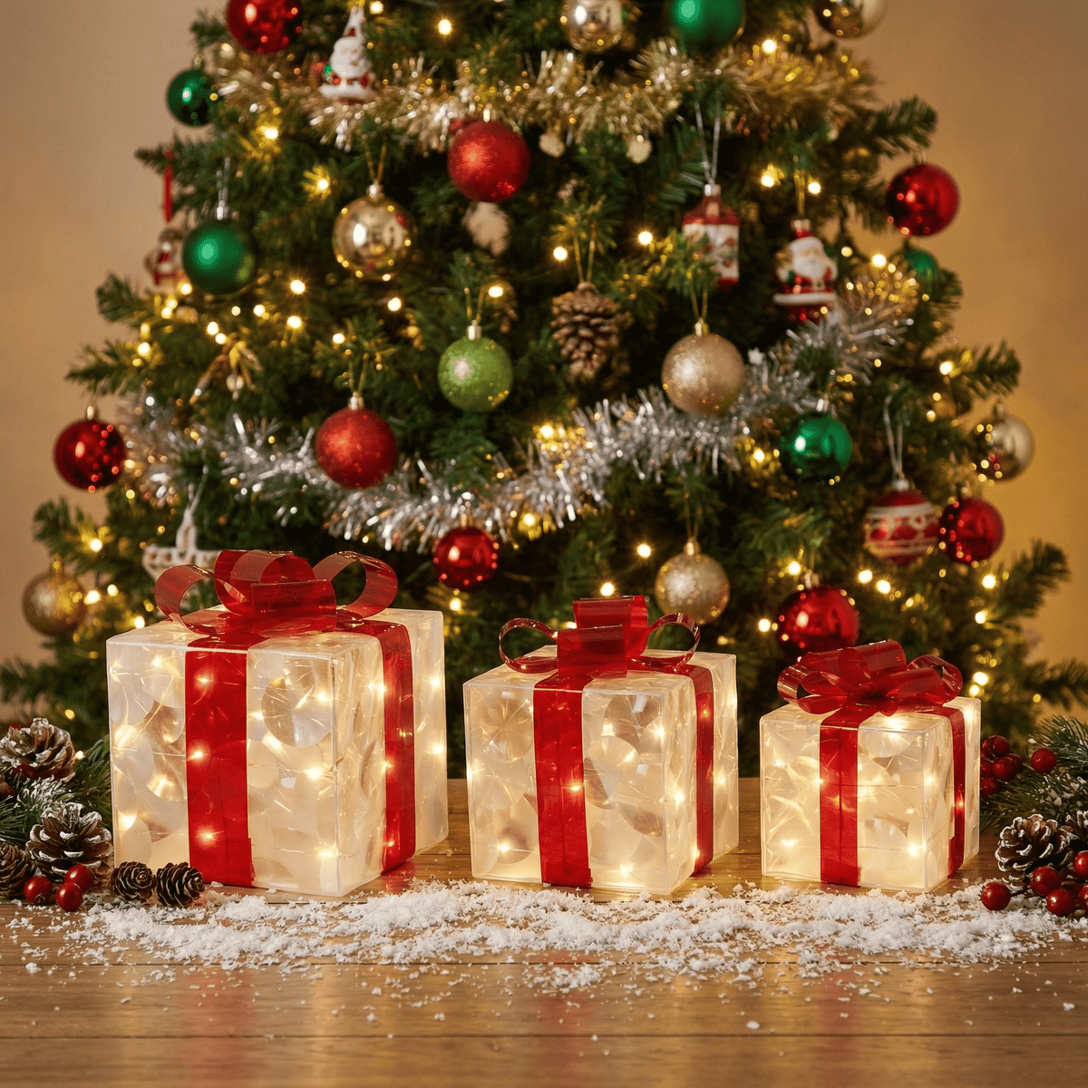 LED-Deko-Geschenkboxen im 3er-Set (18 cm, 16 cm, 12 cm)