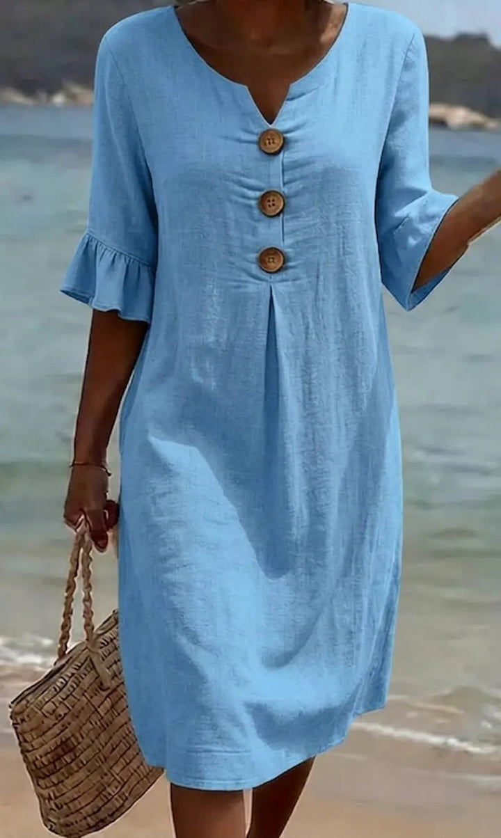 Camille | Elegant Buttoned Linen And Cotton Dress