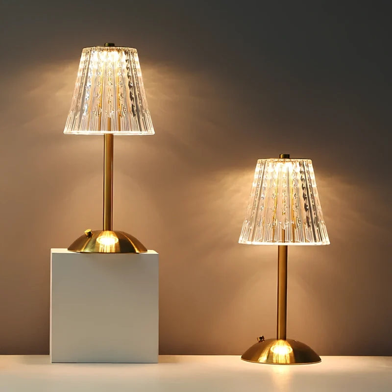 Kristalltischlampe mit Touchdimmer und Akku, goldfarben