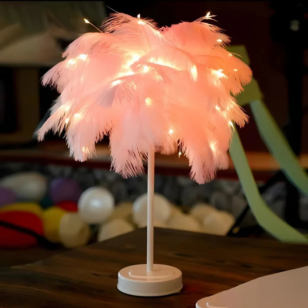 Tischlampe Federpalme mit Straußenfedern und Fernbedienung