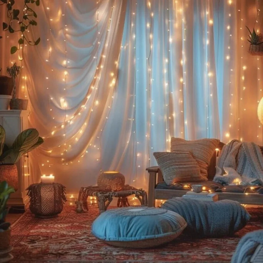 Feenvorhang mit warmweißen LED-Lichtern und 8 Beleuchtungsmodi