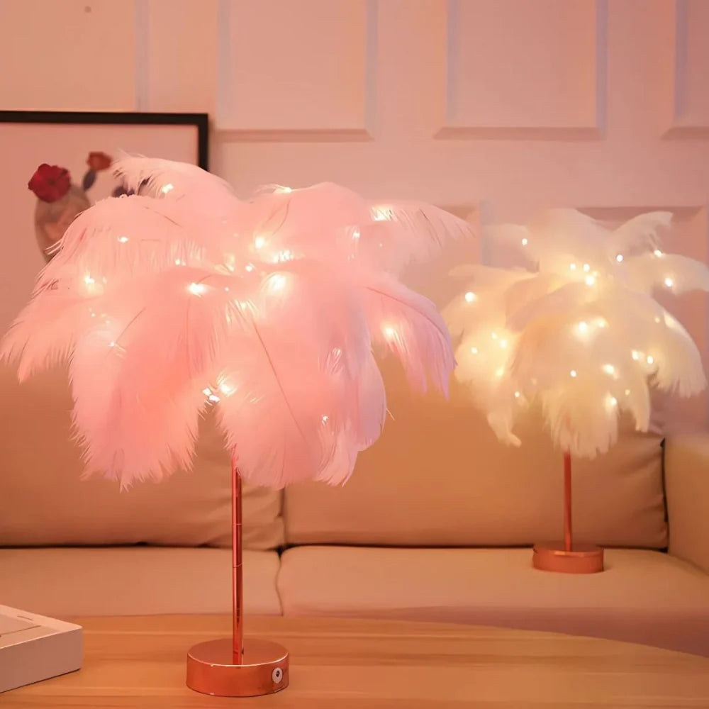 Tischlampe Federpalme mit Straußenfedern und Fernbedienung