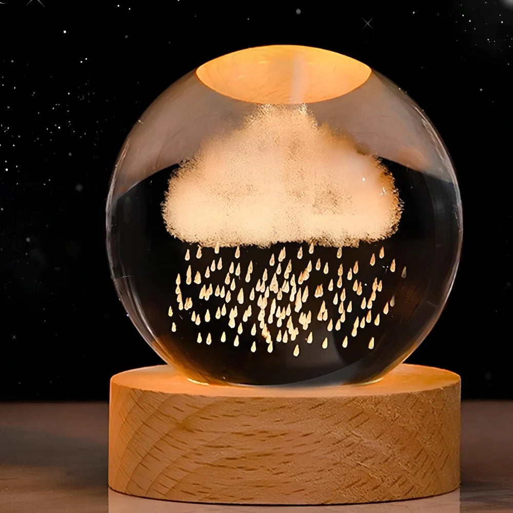 Kristallkugel mit 3D-Gravur Weltraummotiv auf Holzsockel