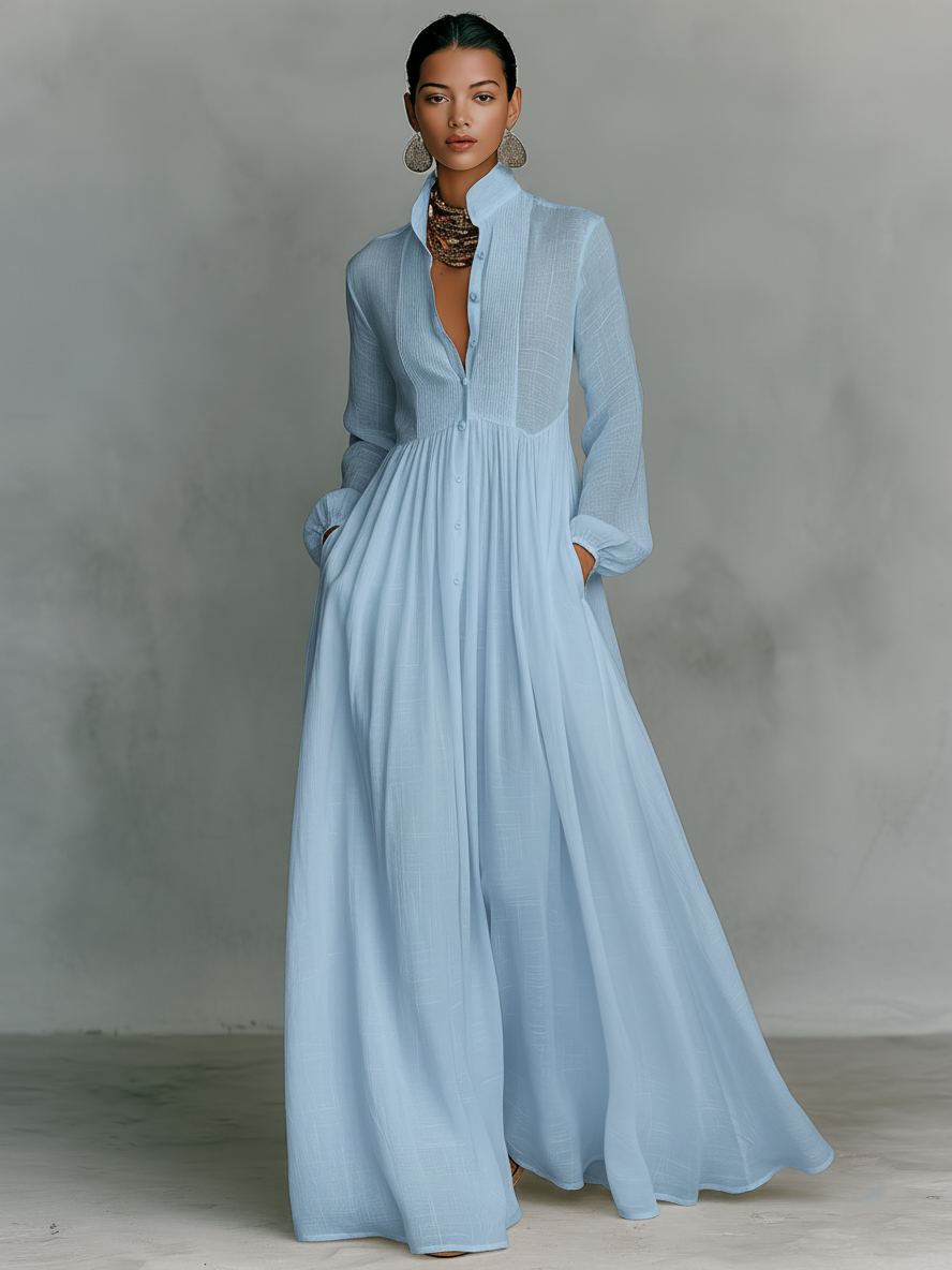 Minimalist Maxi Dress in Cotton and Linen with Patchwork, Stand-up Collar and Long Sleeves