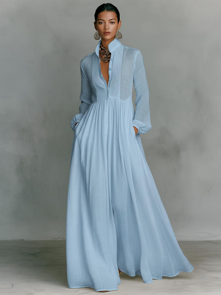 Minimalist Maxi Dress in Cotton and Linen with Patchwork, Stand-up Collar and Long Sleeves