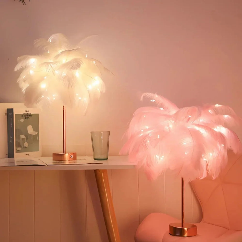 Tischlampe Federpalme mit Straußenfedern und Fernbedienung
