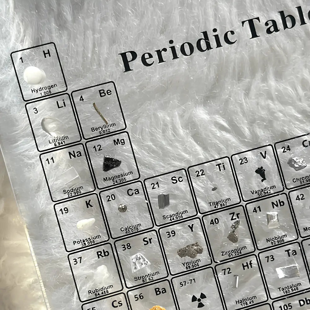 Periodensystem mit 83 echten Elementproben in Acryl und Holzbeleuchtung