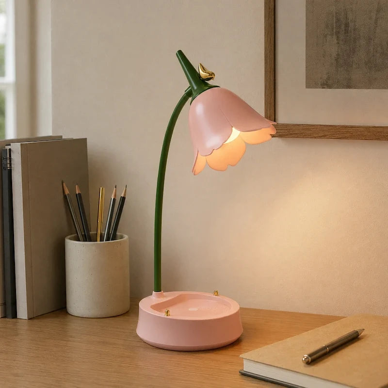 Flowerette Schreibtischlampe mit Blumen-Design und Vogelakzent