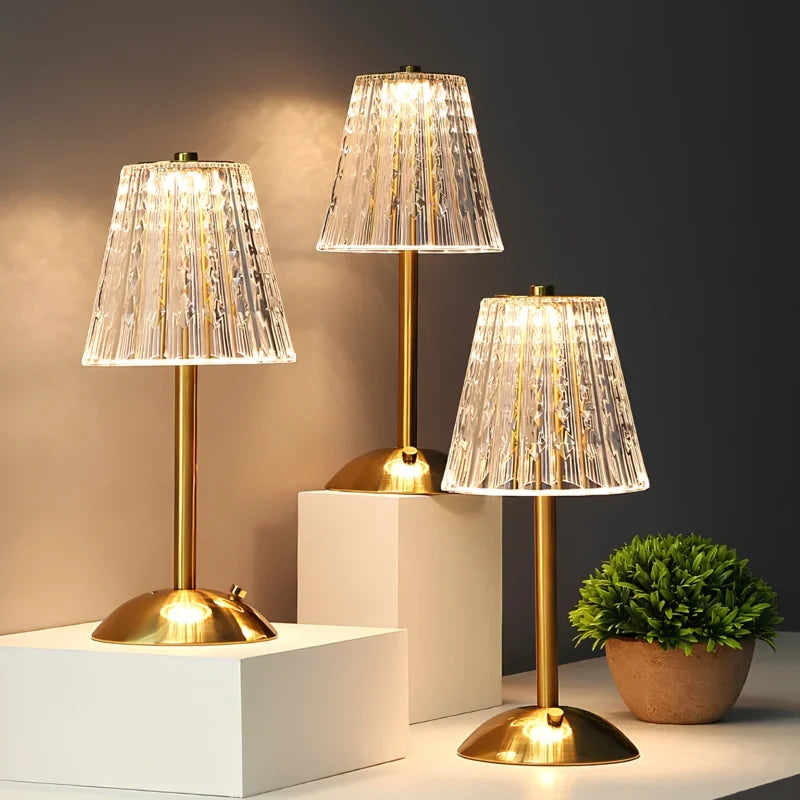 Kristalltischlampe mit Touchdimmer und Akku, goldfarben
